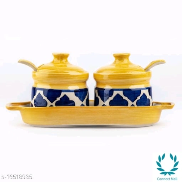 Pickle Jar| Achar Barni with Lid Spoon and Tray - Yellow